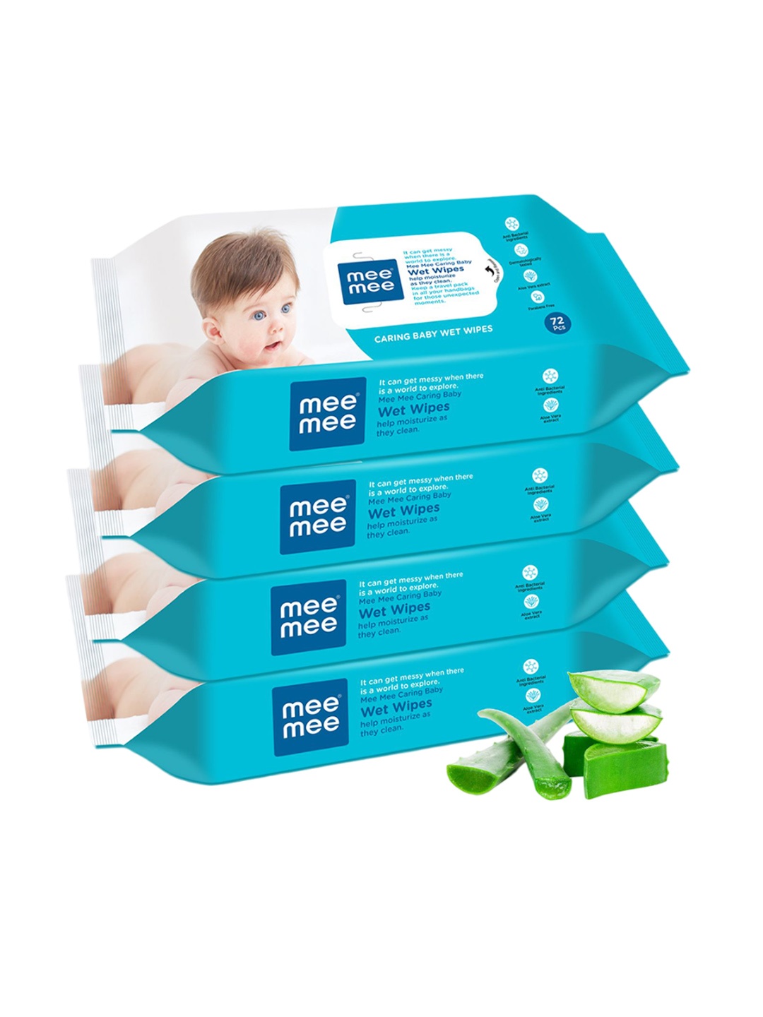 

MeeMee Set of 4 Alove Vera Extracts Wet Wipes - 72 Wipes Per Pack, Turquoise blue