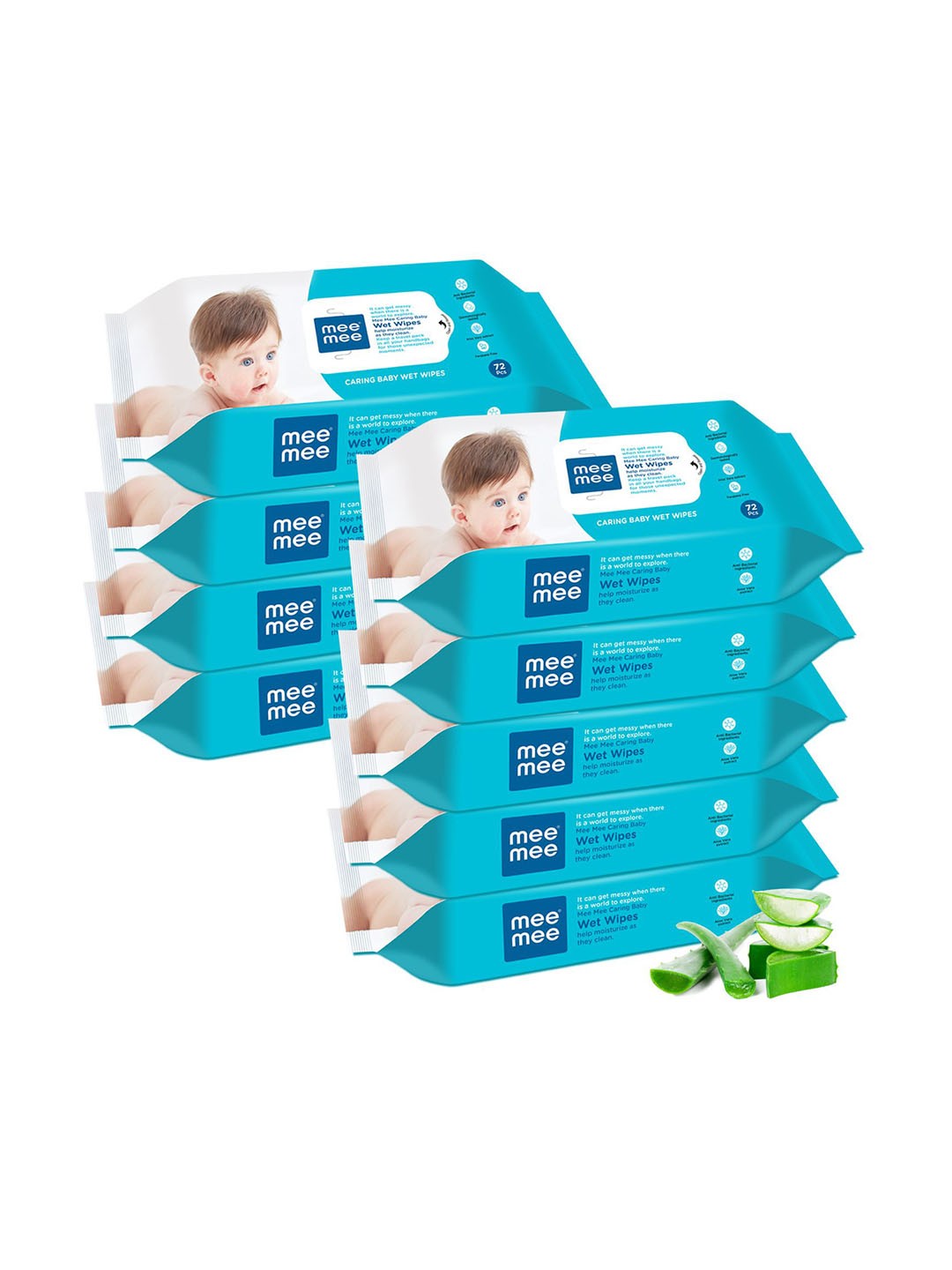 

MeeMee Set of 9 Alove Vera Extracts Wet Wipes - 72 Wipes Per Pack, Turquoise blue