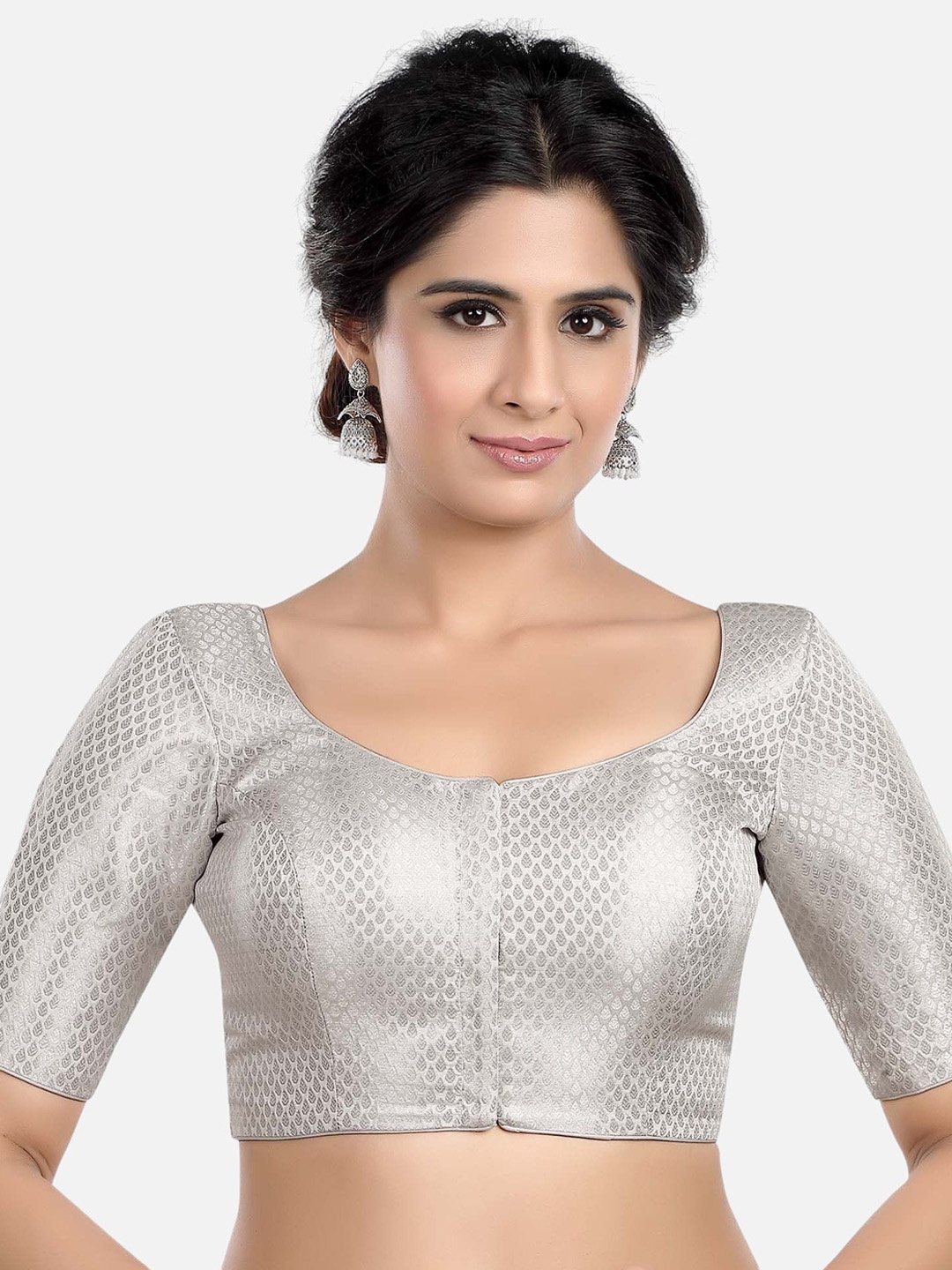 

neckbook Woven Design Round Neck Readymade Saree Blouse, Silver