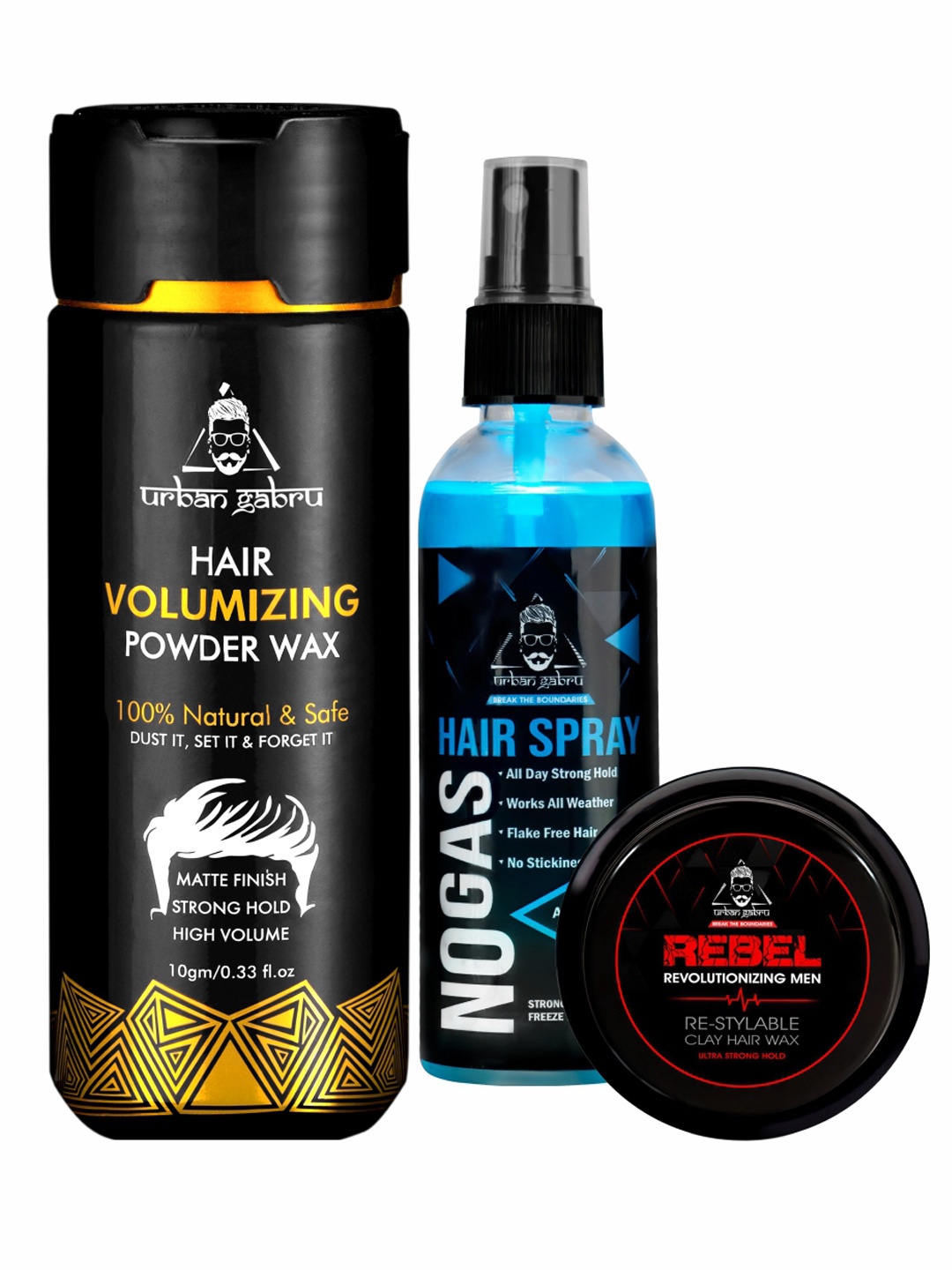 

URBANGABRU Hair Volumizing Powder Wax10g with Beard Rebel Hair Wax 85g & No Gas Spray100ml, Black