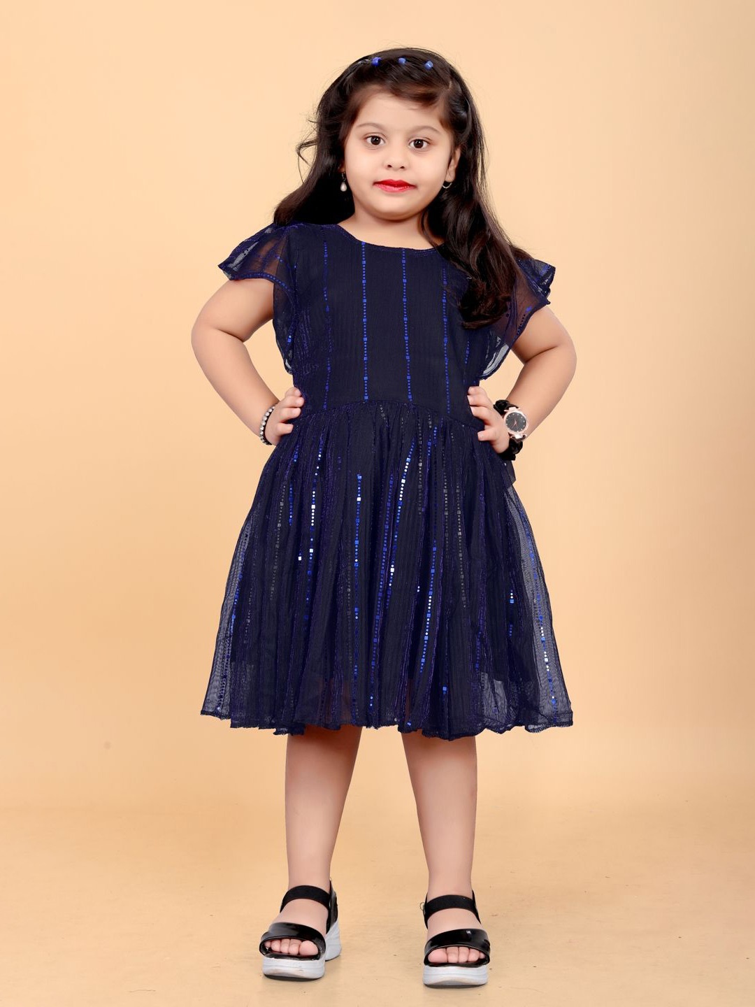 

Shrithi Fashion Fab Girls Striped Flutter Sleeve Fit & Flare Dress, Navy blue