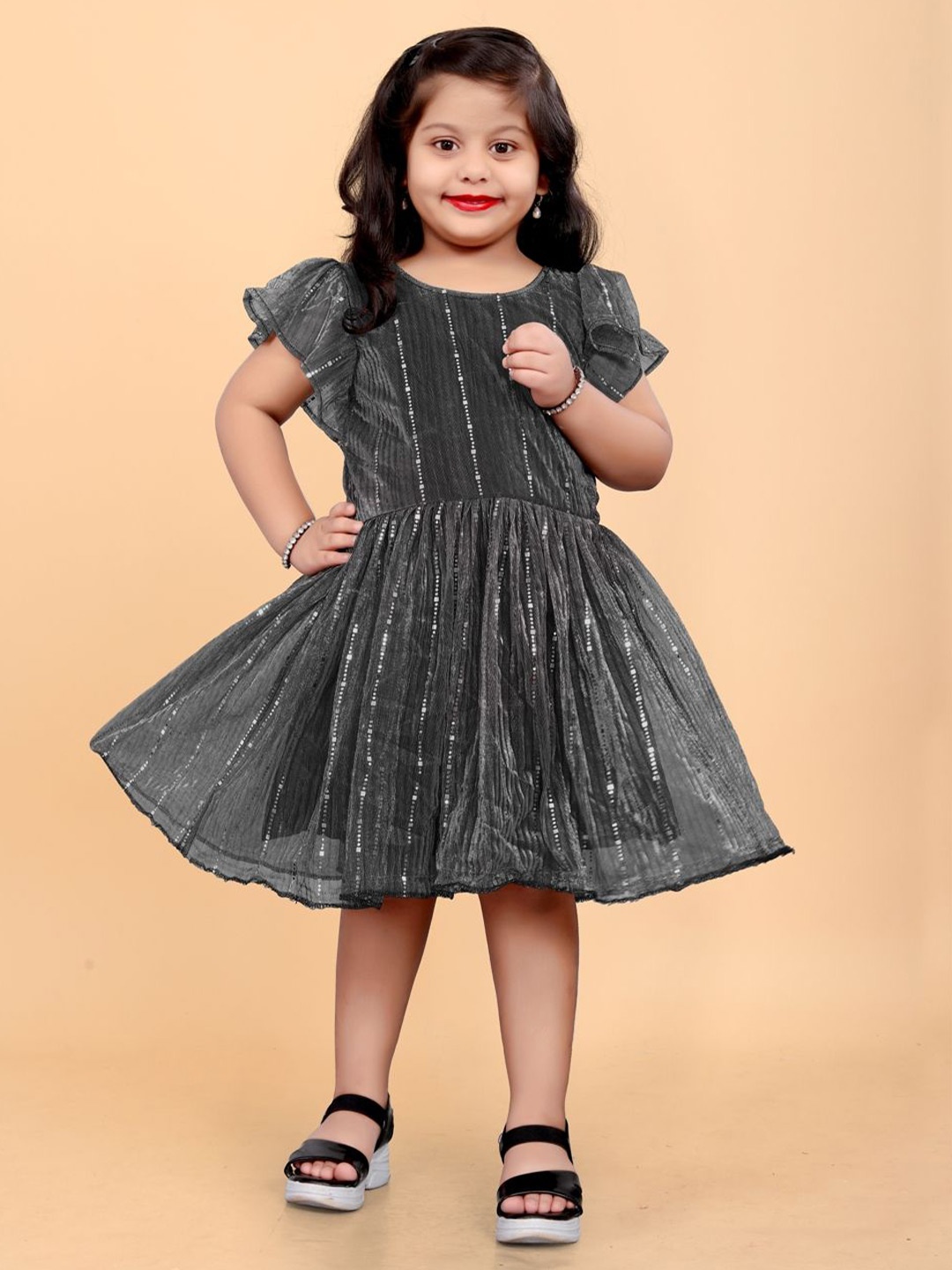 

Shrithi Fashion Fab Net Self Design Fit & Flare Dress, Grey