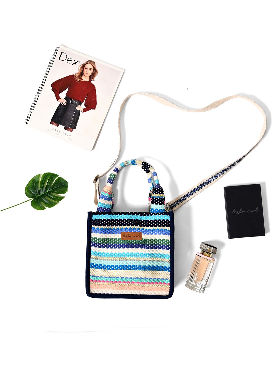 

BohoGirl Striped Self Design Structured Canvas Sling Bag, Blue