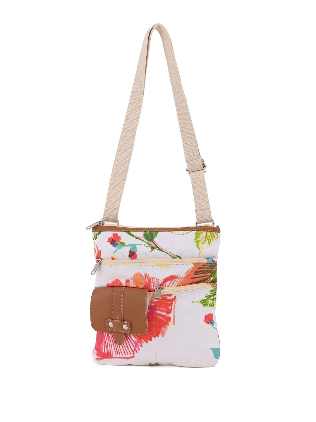 

BohoGirl Women Floral Printed Cotton Structured Sling Bag, White