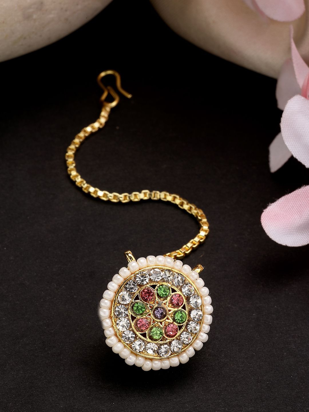 

NVR Gold-Plated Cubic Zirconia Studded Borla Maang Tikka