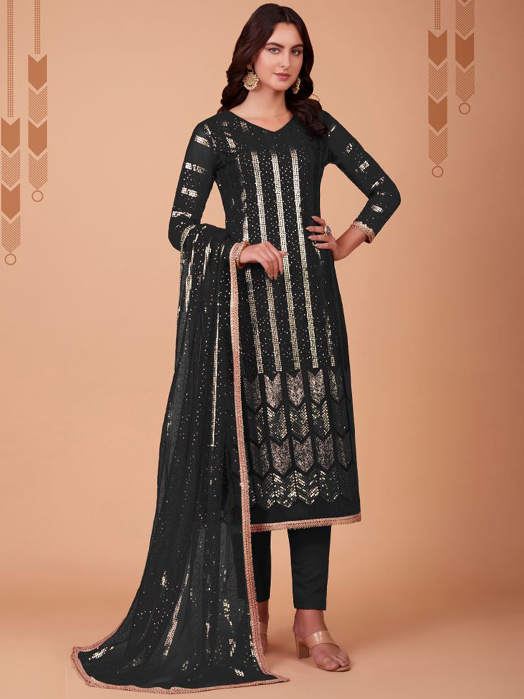 

KALINI Floral Embroidered Sequinned Straight Kurta With Trousers & Dupatta, Black