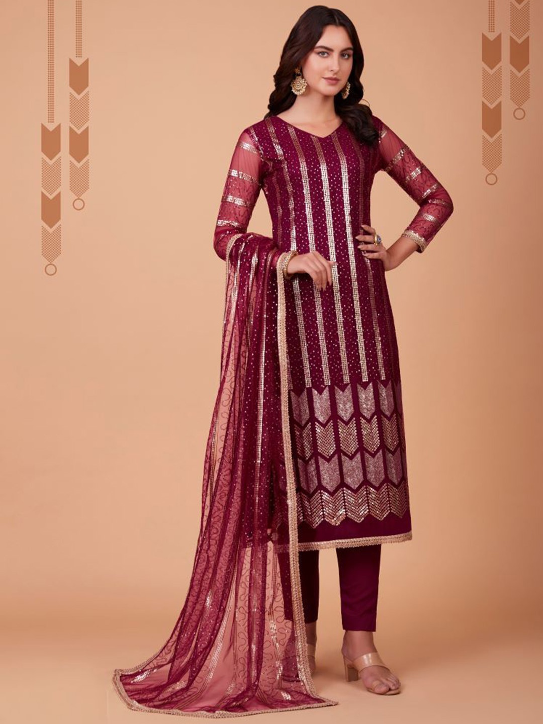

KALINI Floral Embroidered Sequinned Straight Kurta With Salwar & Dupatta, Maroon
