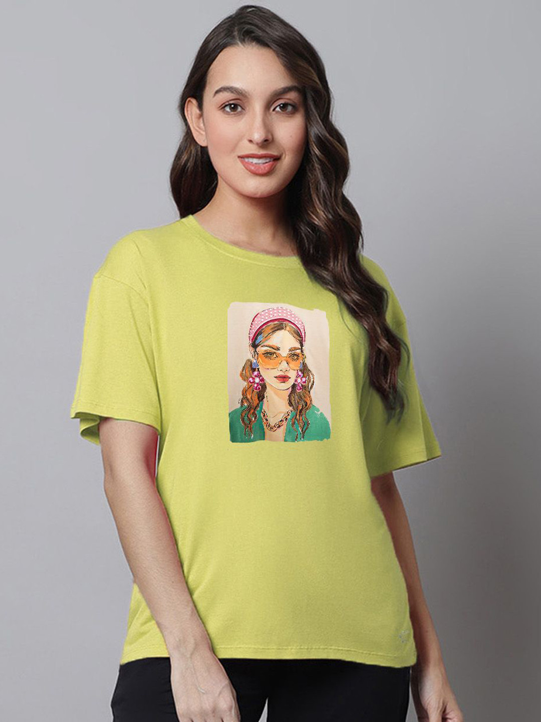 

Kanvin Women Graphics Printed Round Neck Short Sleevess Pure Cotton Lounge Tshirts, Yellow