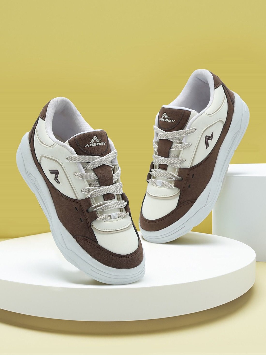 

adeboy Men Colourblocked Lightweight & Comfortable PU Lace-Up Skateboard Shoes, Cream