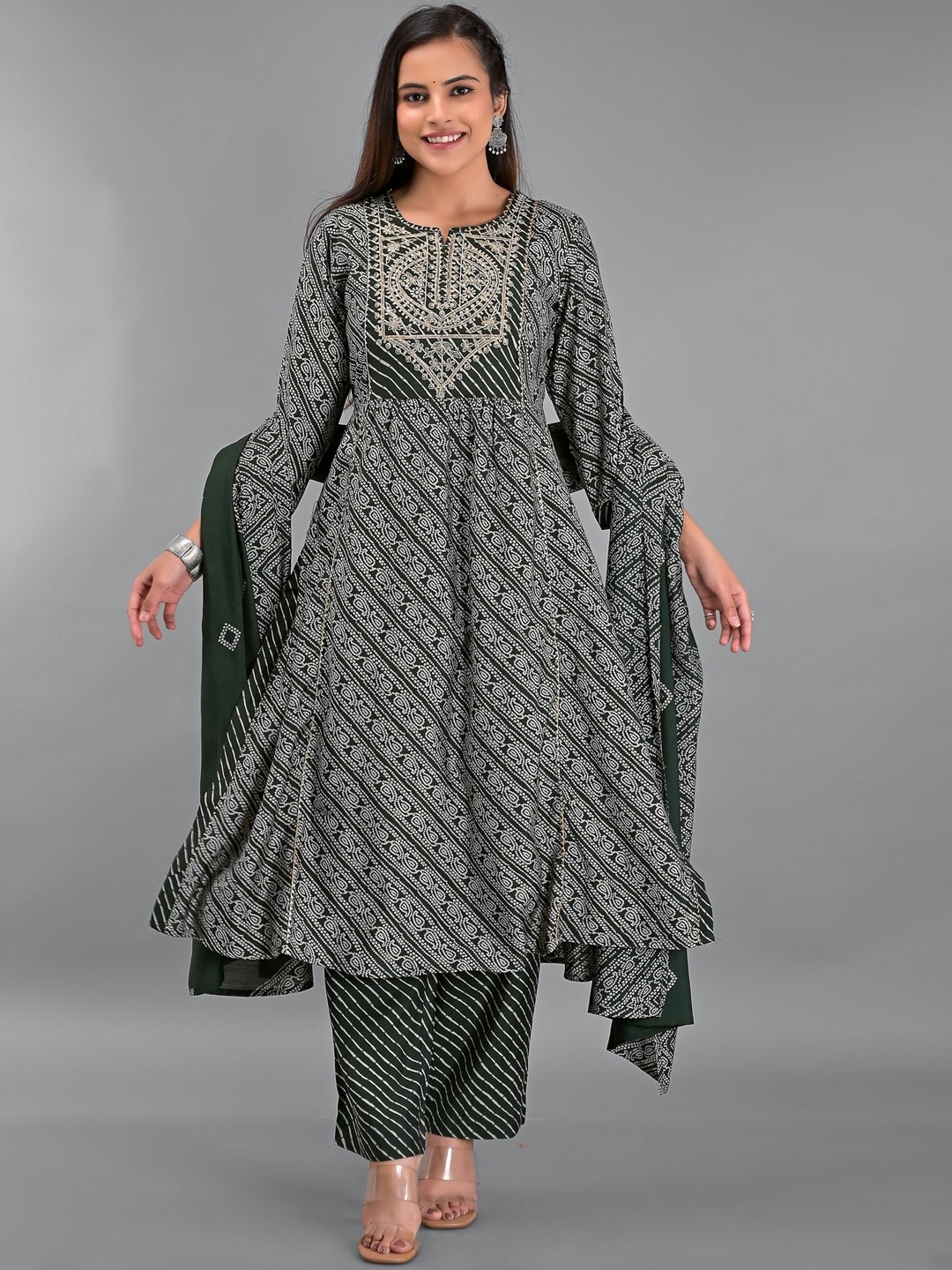 

KALINI Bandhani Printed Gotta Patti Pure Silk Anarkali Kurta With Trouser & Dupatta, Green