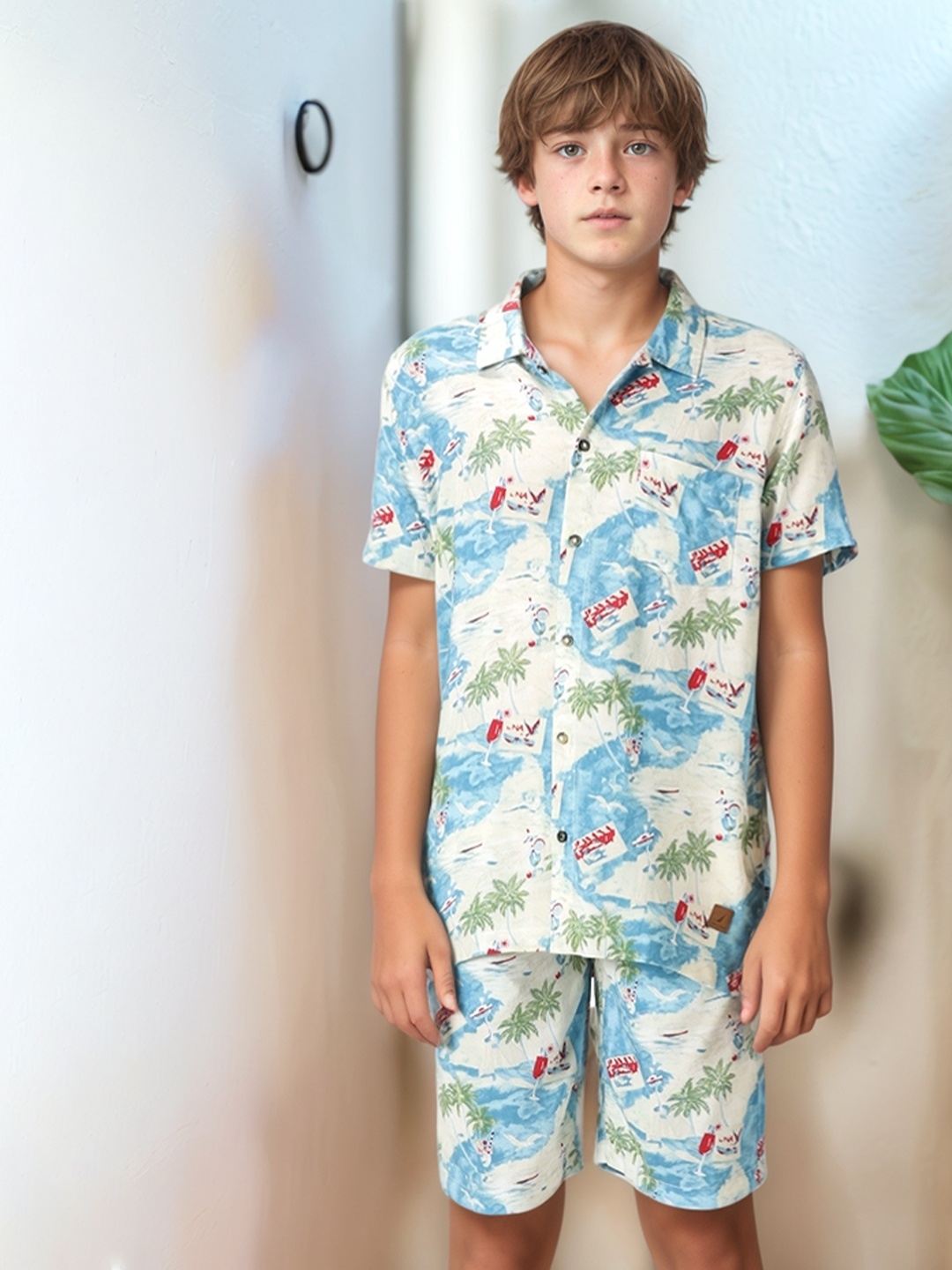 Nautica Boys Printed Short Sleeves Shirt With Shorts, Cream