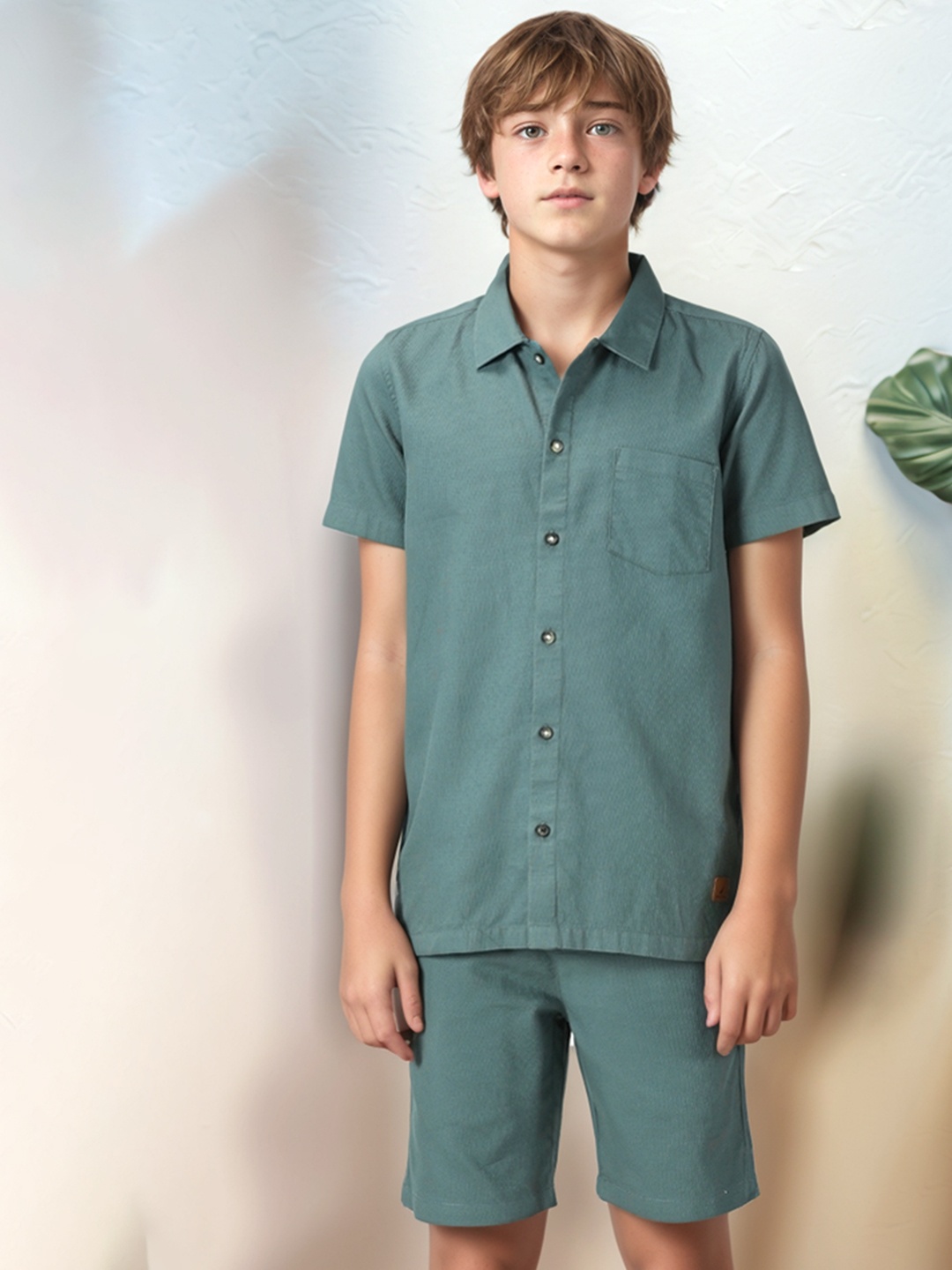 

Nautica Boys Self Design Short Sleeves Pure Cotton Shirt With Shorts, Green