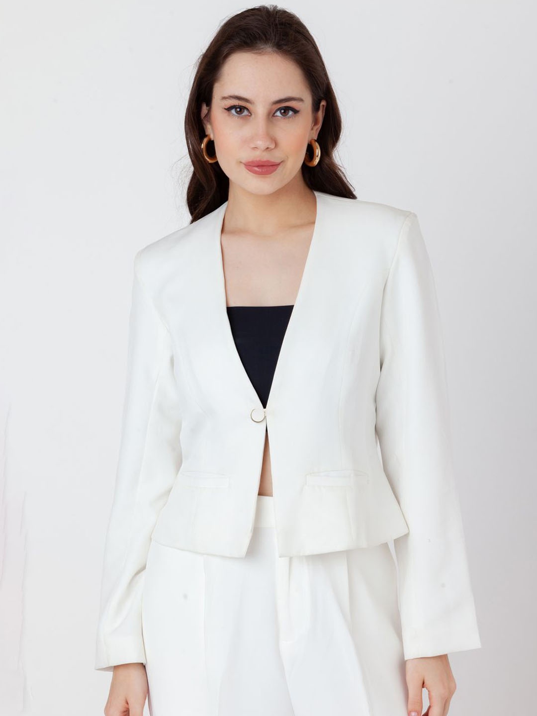

Zink Studio Women Geometric without Longline Tailored Jacket with Embroidered, White