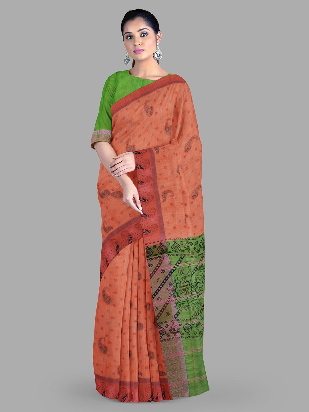 

The Chennai Silks Paisley Printed Border Saree, Orange