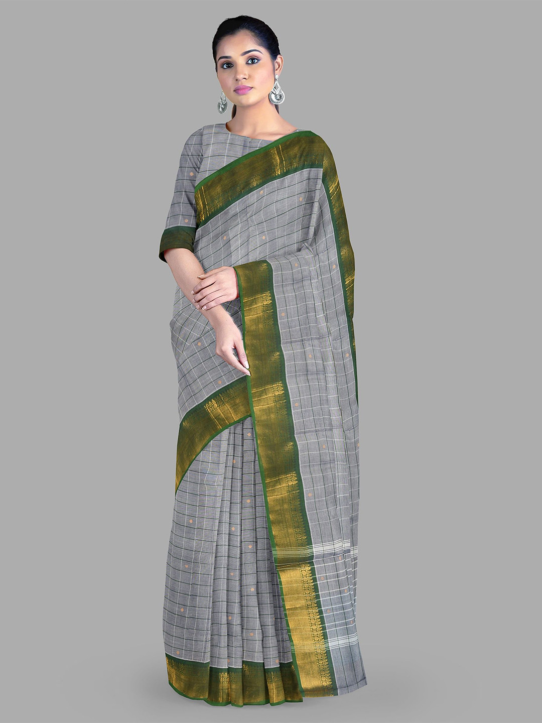 

The Chennai Silks Zari Woven Checked Pure Cotton Chettinad Saree, Grey