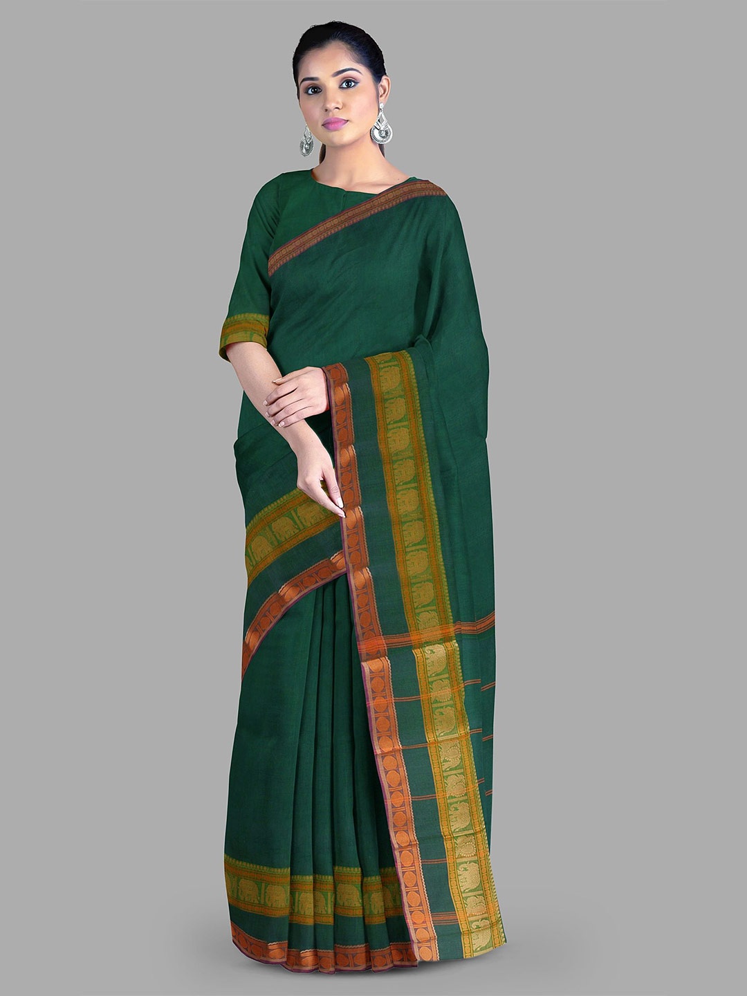 

The Chennai Silks Zari Pure Cotton Chettinad Saree, Green