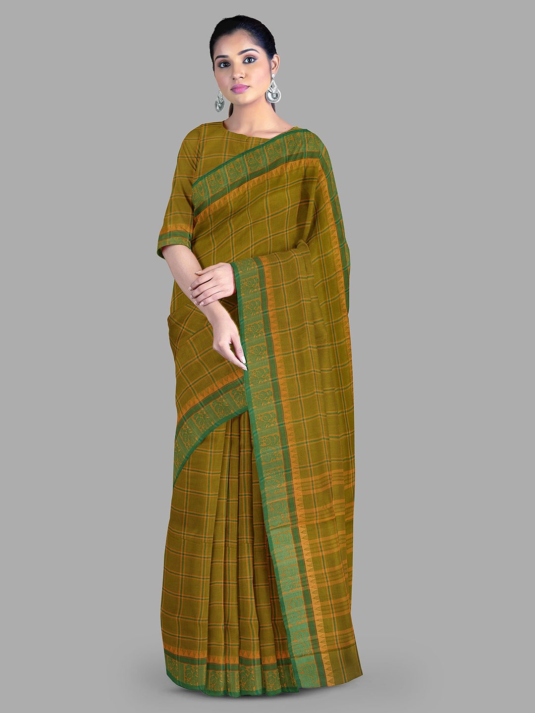 

The Chennai Silks Checked Zari Pure Cotton Chettinad Saree, Olive