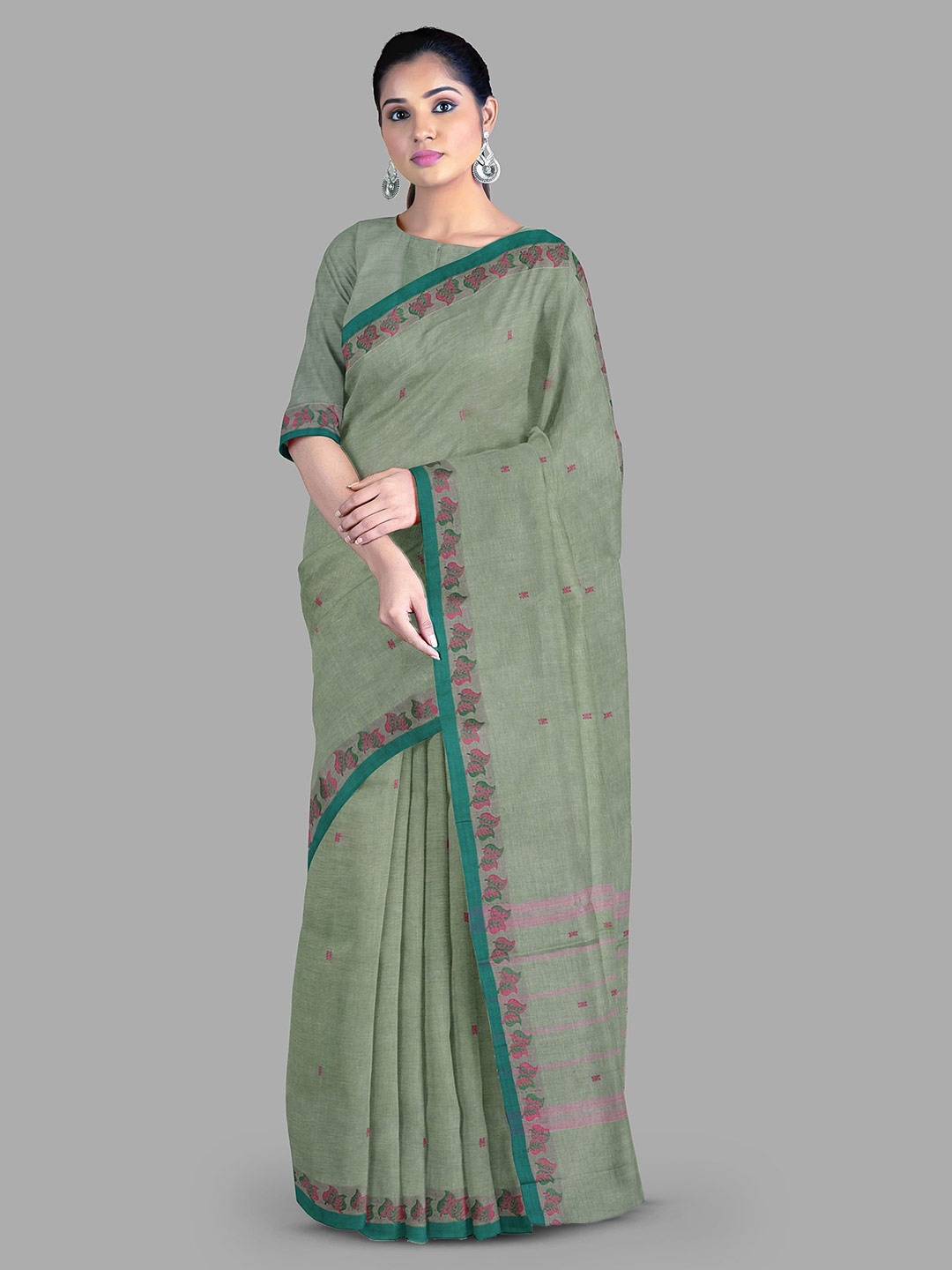 

The Chennai Silks Ethnic Motifs Woven Designed Zari Pure Cotton Chettinad Saree, Green