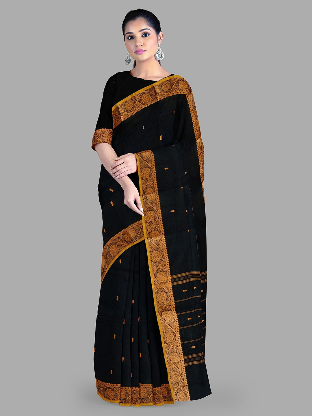 

The Chennai Silks Ethnic Motifs Woven Designed Zari Pure Cotton Chettinad Saree, Black