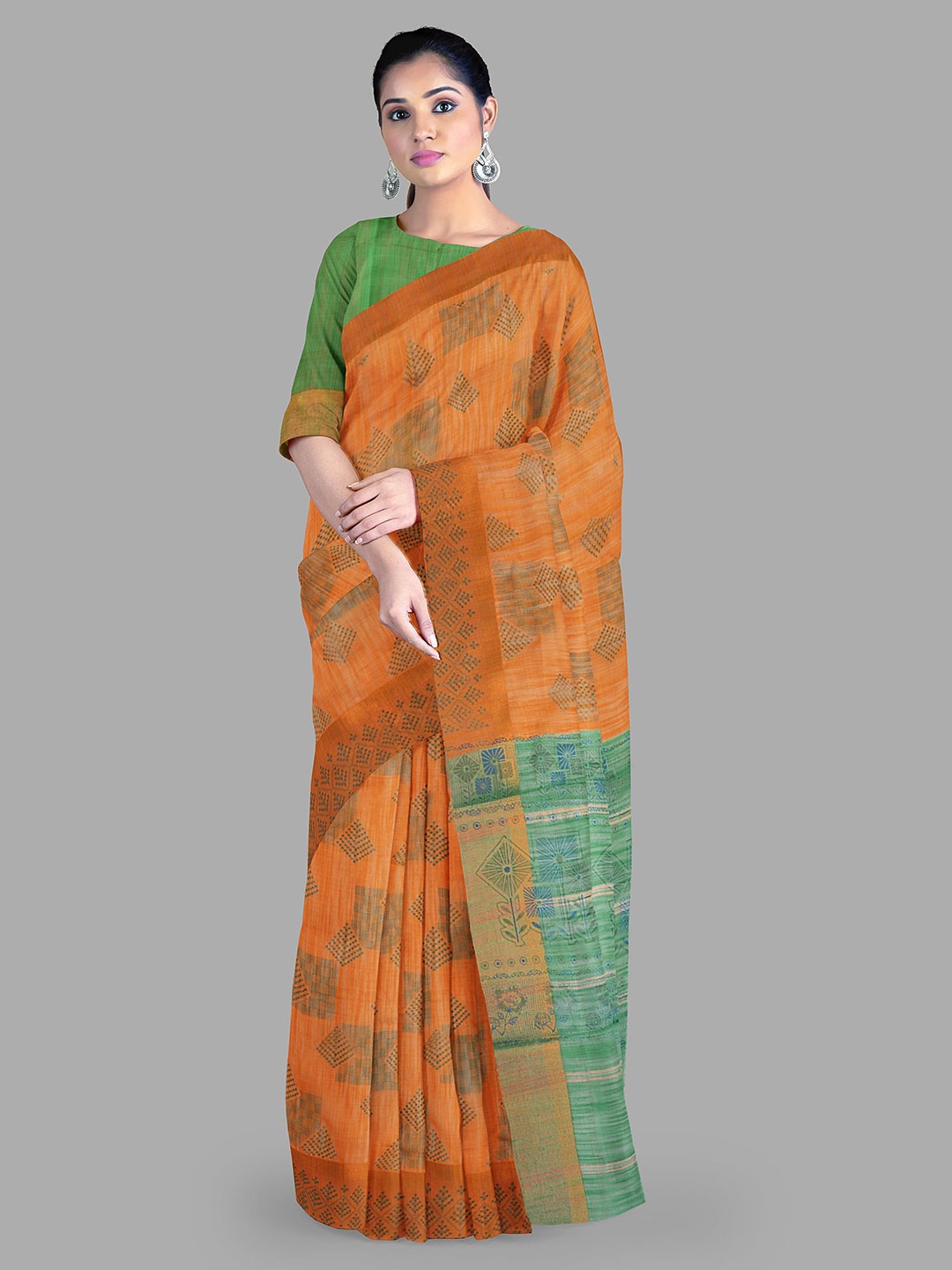 

The Chennai Silks Geometric Saree With Blouse, Orange