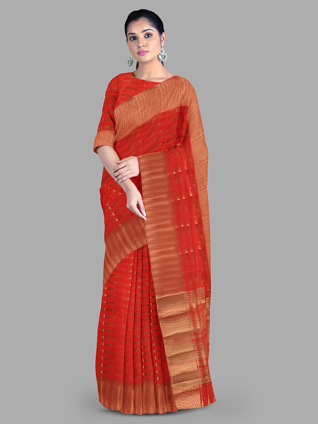 

The Chennai Silks Striped Zari Jute Cotton Ilkal Saree, Red