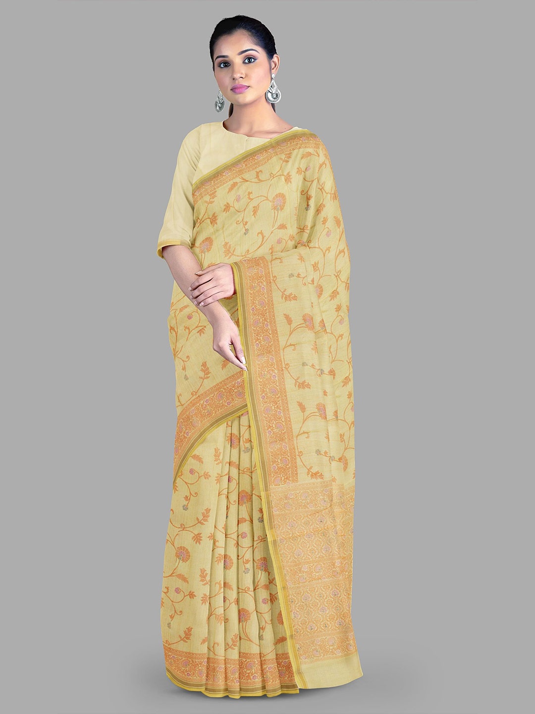

The Chennai Silks Ethnic Motif Woven Design Pure Cotton Chanderi Saree, Yellow