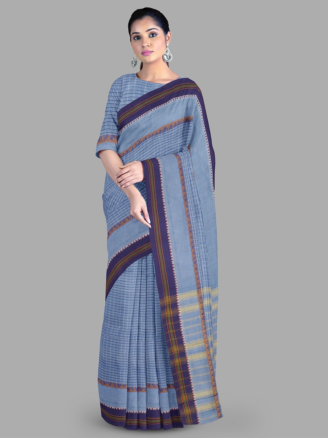 

The Chennai Silks Checked Pure Cotton Gadwal Saree, Blue