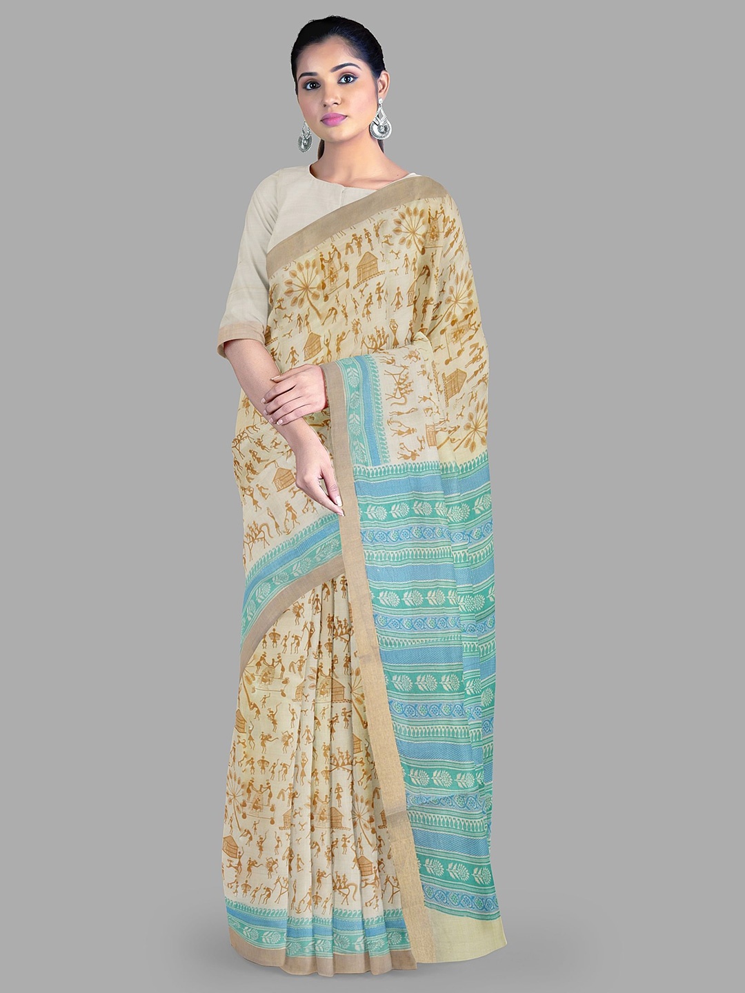 

The Chennai Silks Ethnic Motifs Pure Cotton Chanderi Saree, Cream