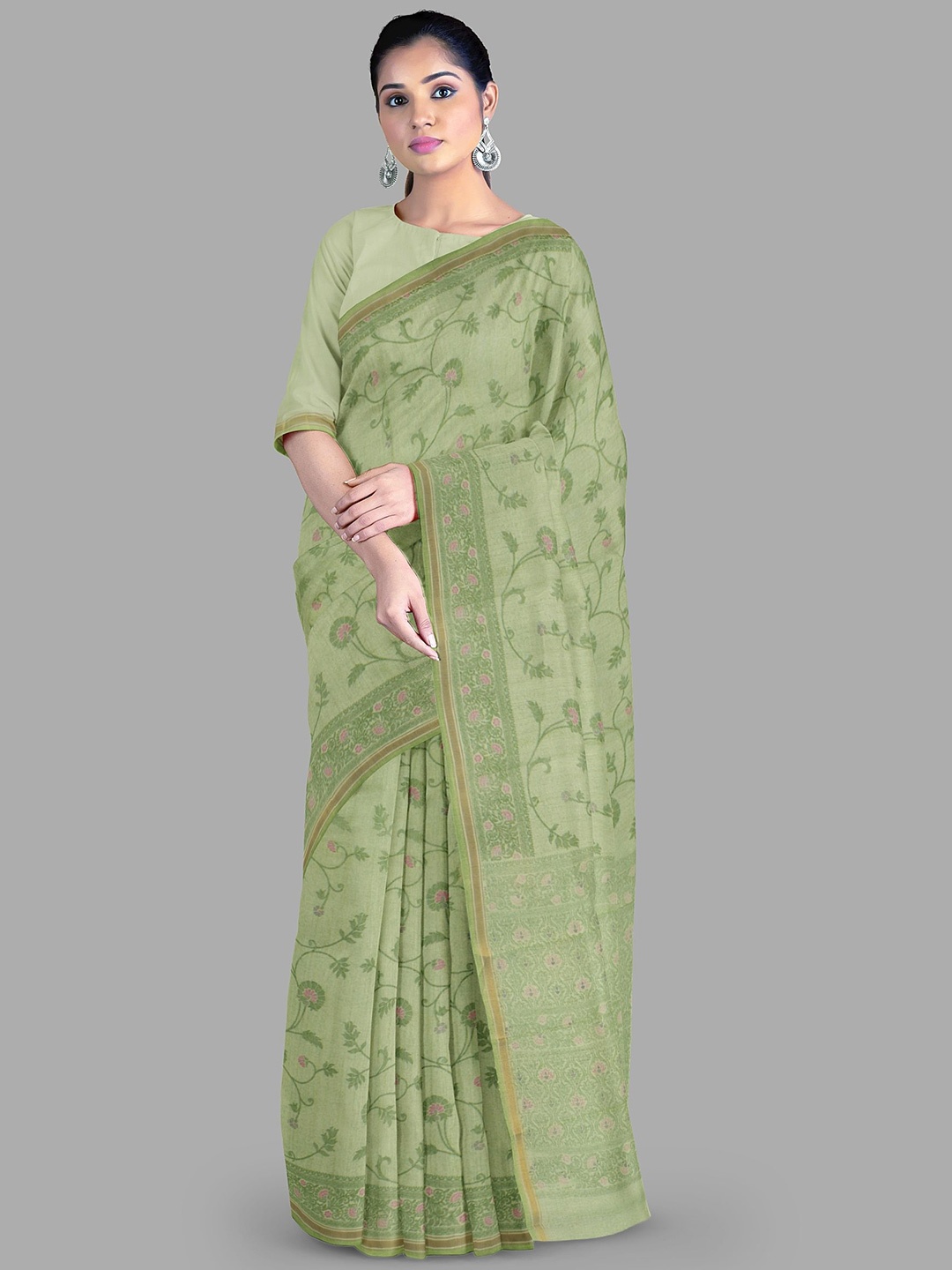 

The Chennai Silks Ethnic Motif Woven Design Pure Cotton Chanderi Saree, Green