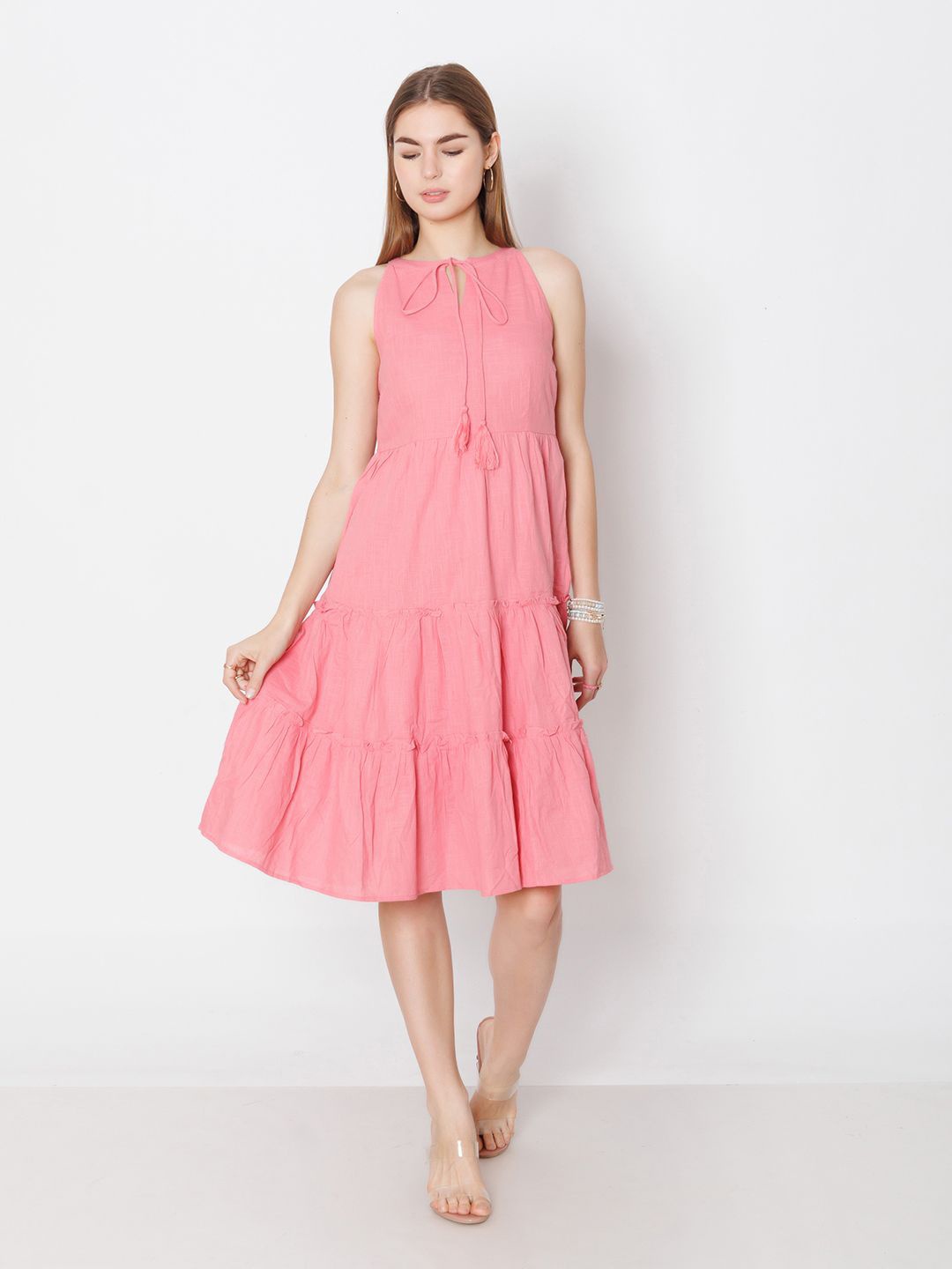 

Zink London Tie-Up Necks Tiered Cotton Fit & Flare Dress, Pink