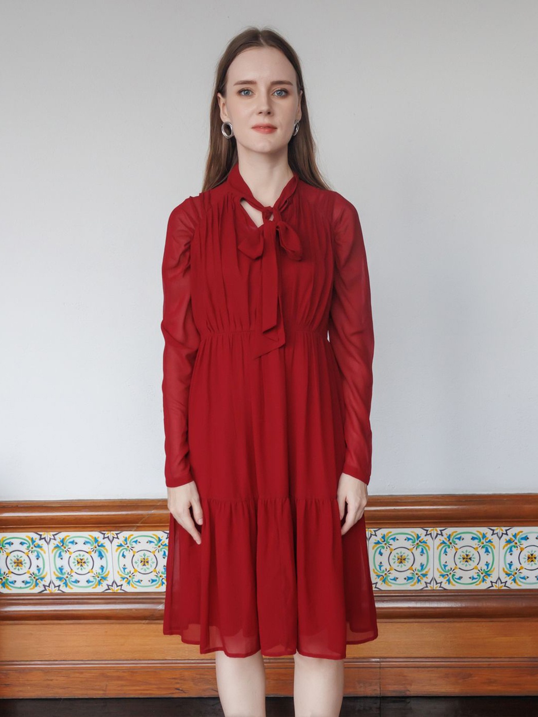 

Zink London Tie-Up Neck Empire Dress, Red