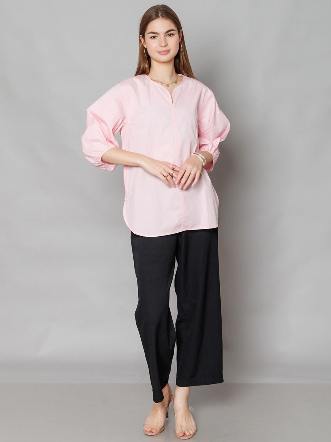 

Zink London Mandarin Collar Cotton Top, Pink