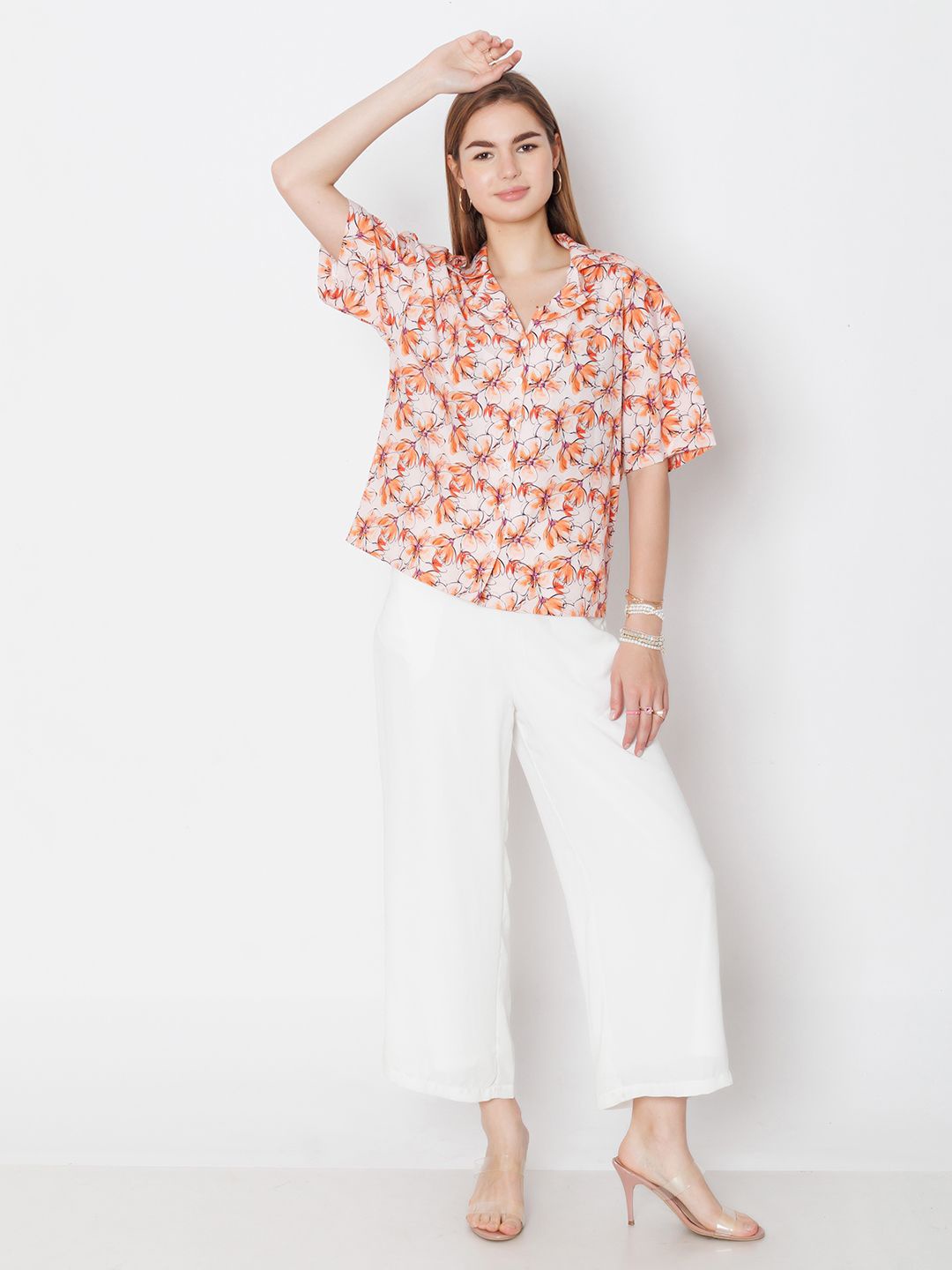 

Zink London Women Floral Printed Opaque Casual Shirt, Peach