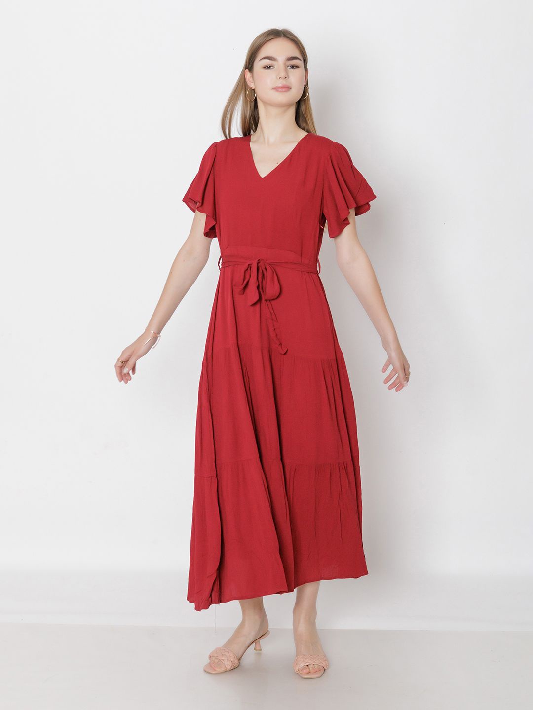 

Zink London Flutter Sleeve Tiered Fit & Flare Midi Dress, Maroon