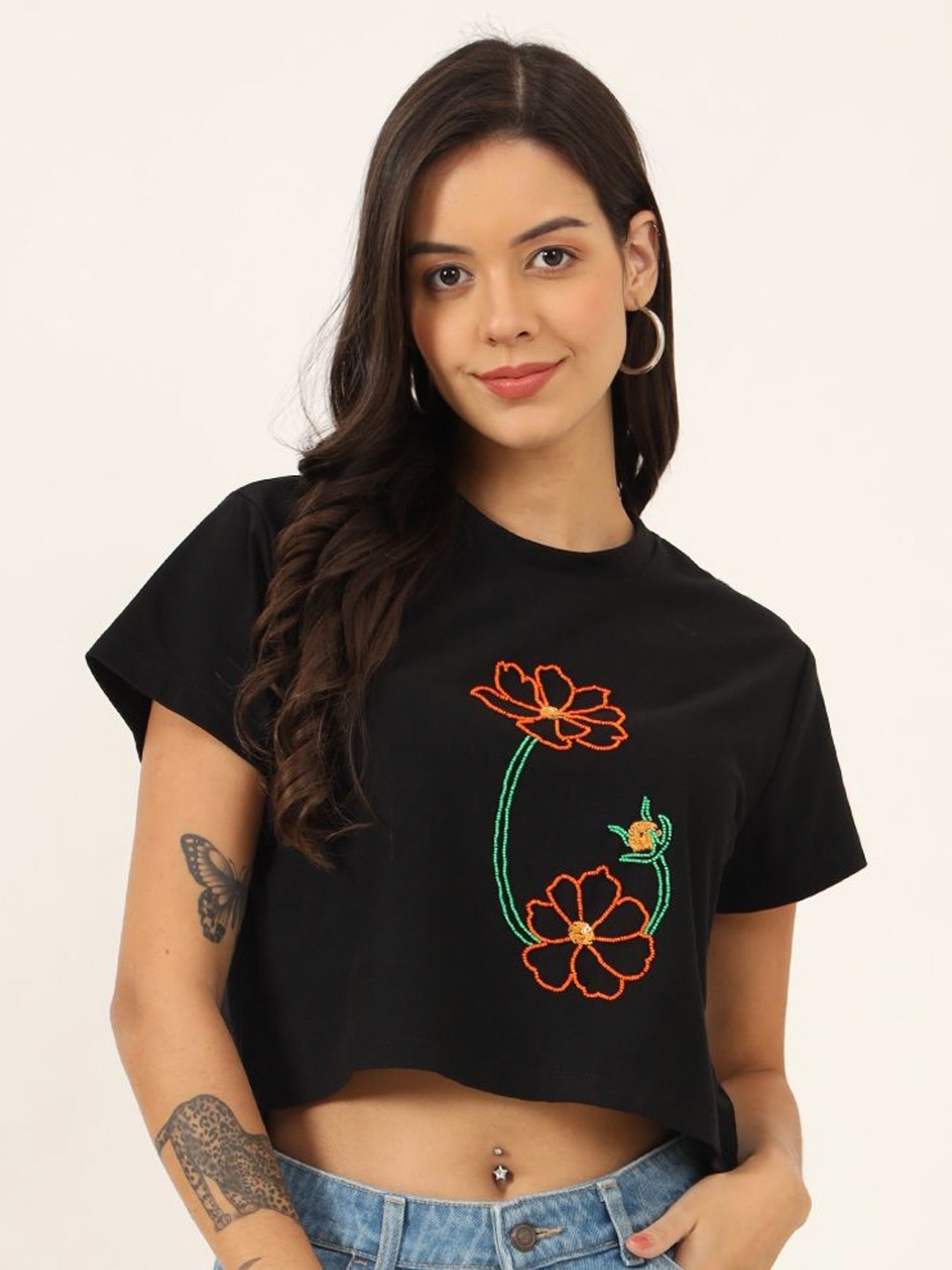 

CHARMGAL Women Floral Round Neck Regular Sleeves Crop T-shirt, Black
