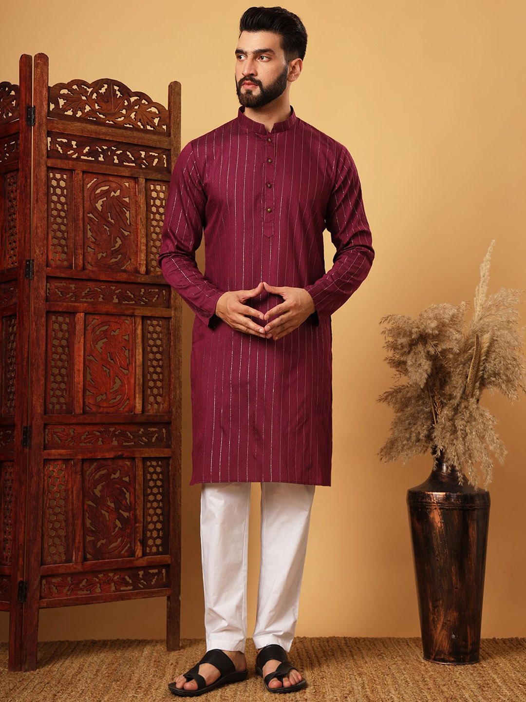 

HERE&NOW Striped Mandarin Collar Thread Work Straight Kurta, Purple
