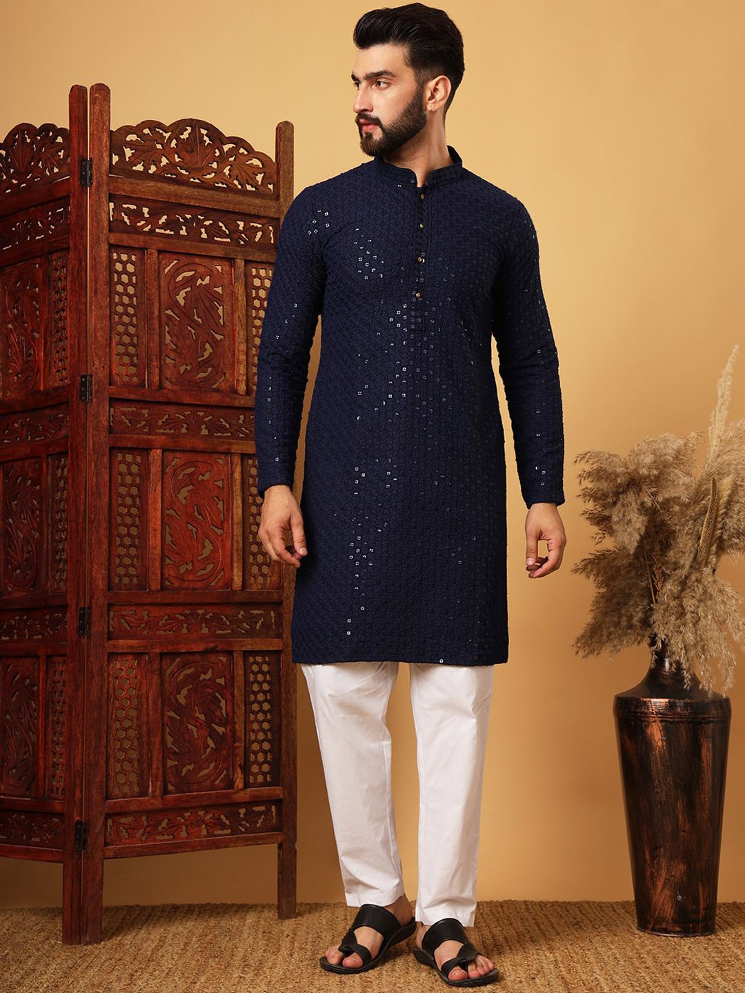 

HERE&NOW Floral Embroidered Sequinned Mandarin Collar Straight Kurta, Blue