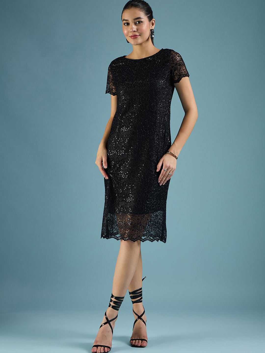 

DressBerry Embellished Sequinned Net Sheath Dress, Black