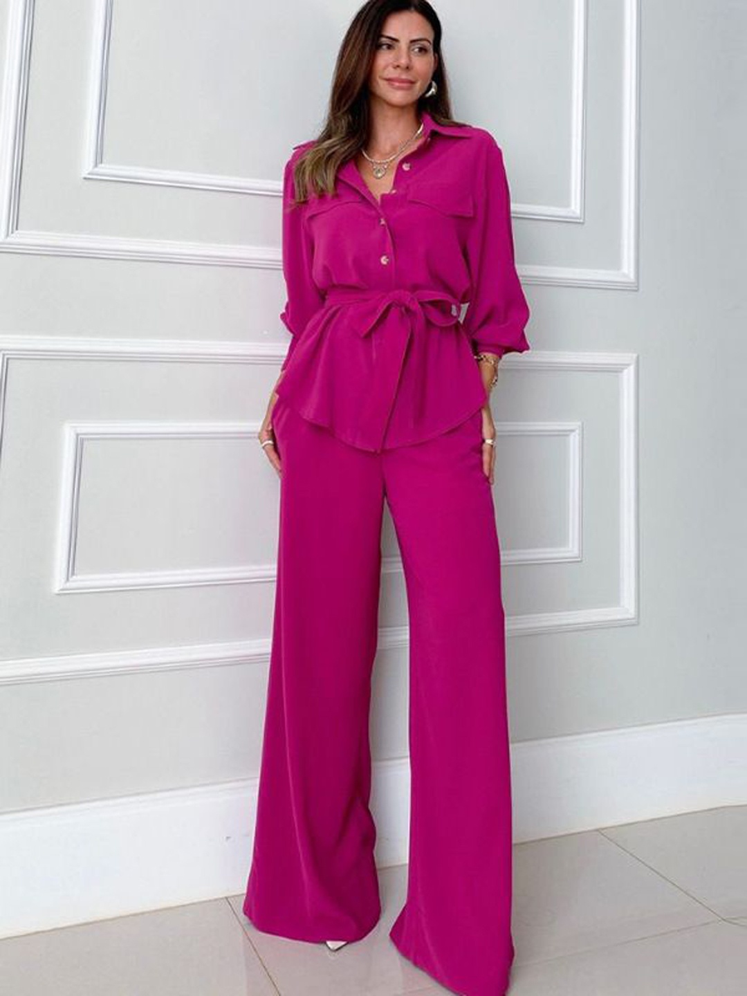 

MIAKEE Fuchsia Shirt Collar Top Belt With Palazzo