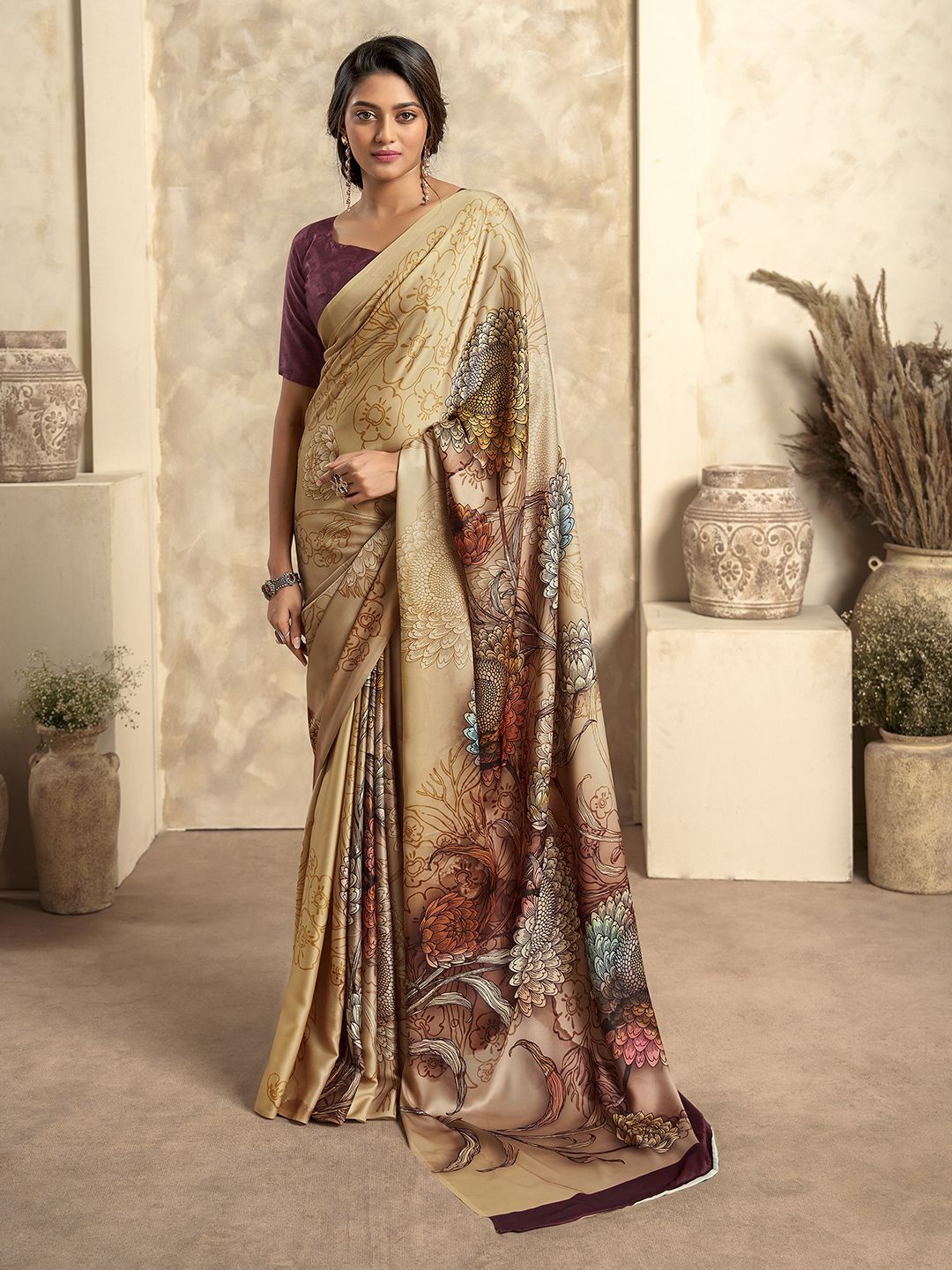 

Mitera Floral Printed Satin Saree With Unstitched Blouse Piece, Beige