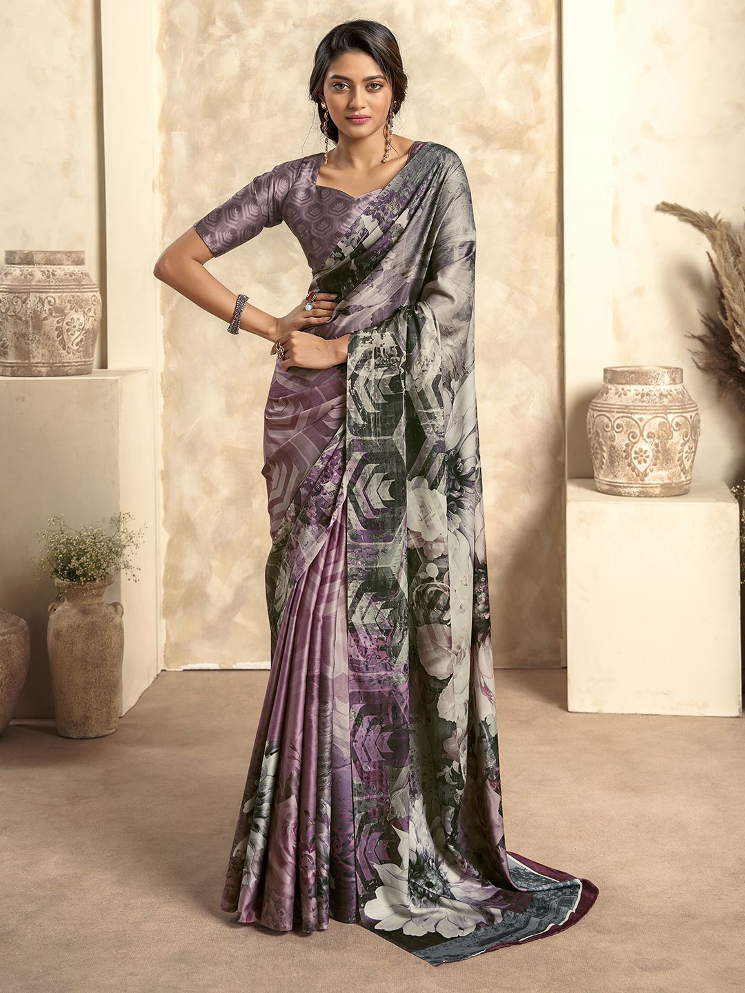 

Mitera Floral Satin Saree, Purple