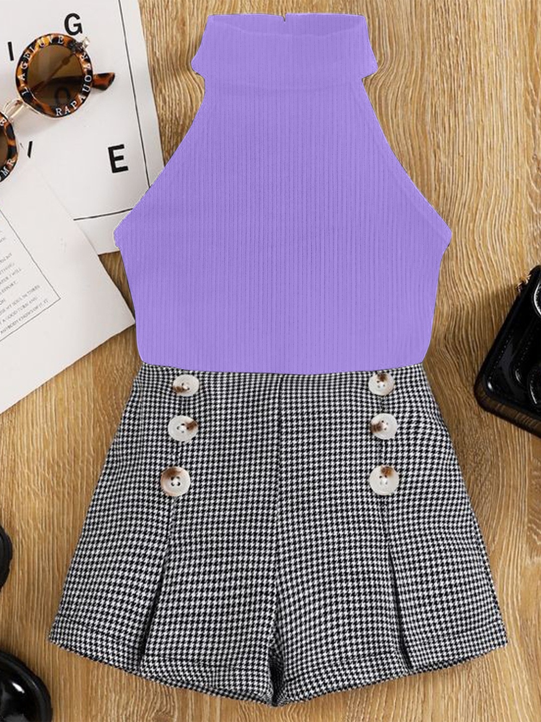 

DEL LUNA Girls Printed Halter Neck Sleeveless Top with Skirt, Lavender