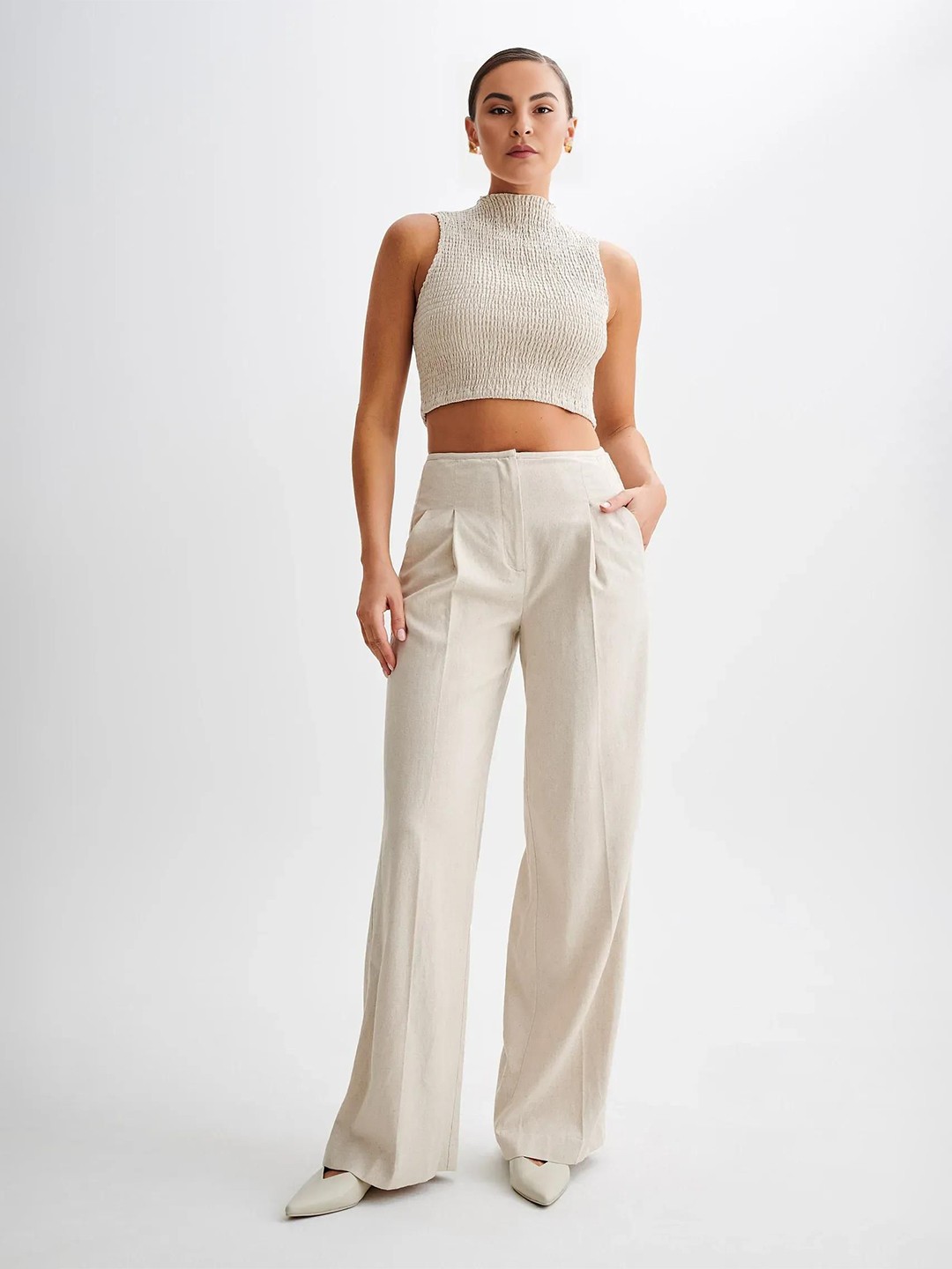 

Bee Boe Women Linen Solid Crop Top, Off white