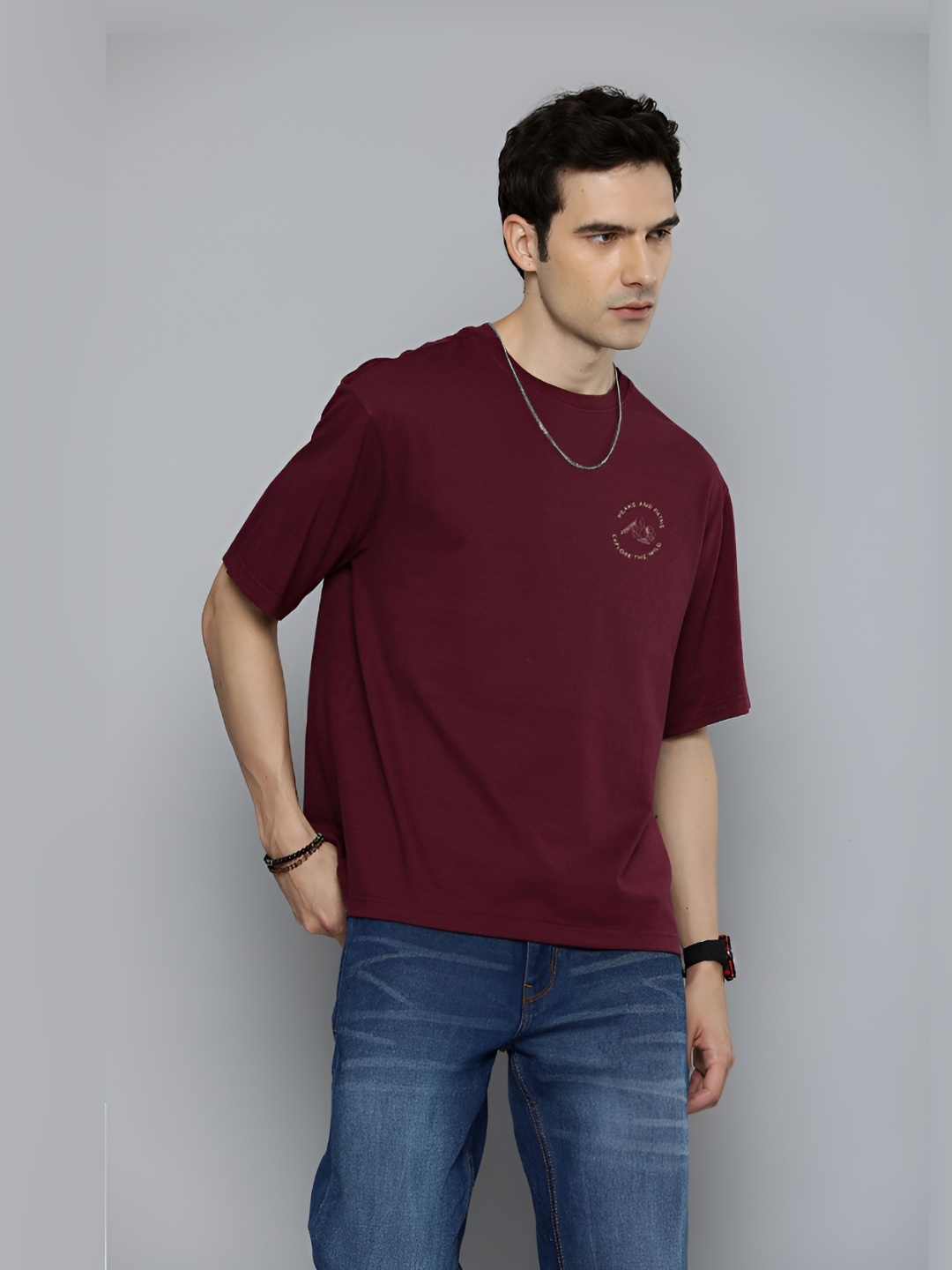 

R.Code by The Roadster Life Co.Round Neck Short Sleeves Oversized T-shirt, Burgundy