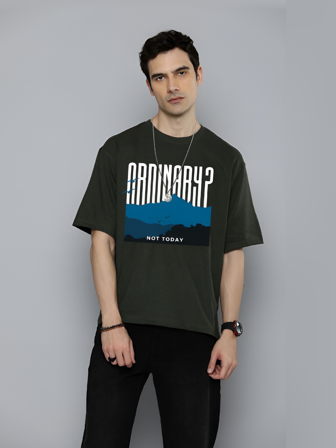 

R.Code by The Roadster Life Co. Men Typography Printed Applique T-shirt, Olive