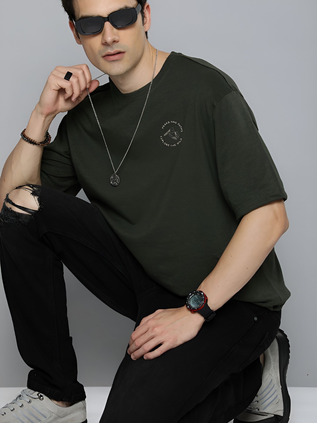 

R.Code by The Roadster Life Co. Men Short Sleeves Round Neck Oversized T-shirt, Olive