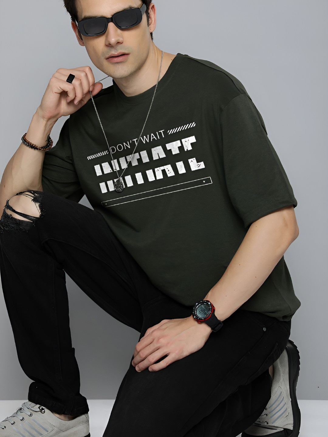 

R.Code by The Roadster Life Co. Men Typography Extended Sleeves T-shirt, Olive