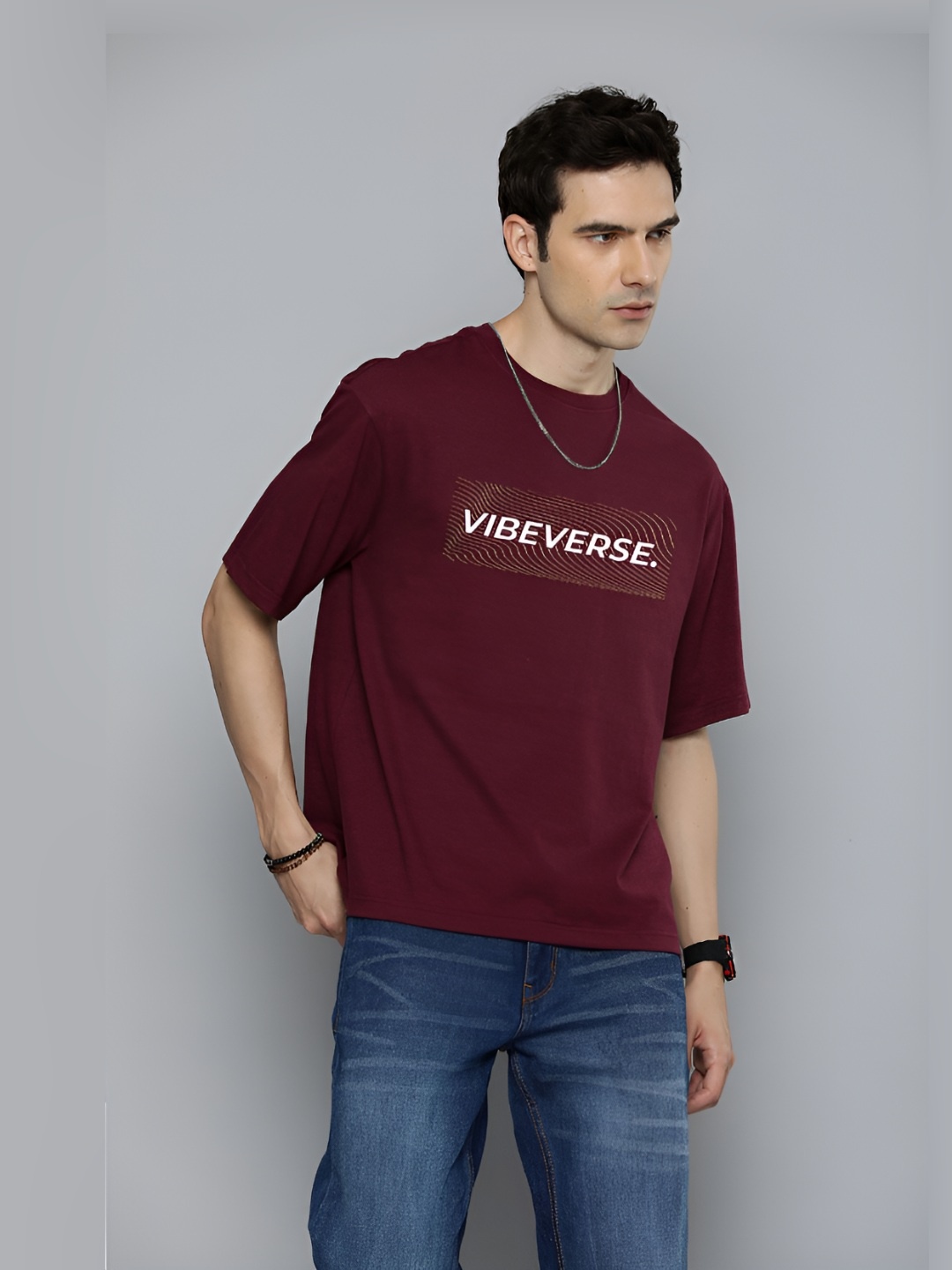 

R.Code by The Roadster Life Co. Men Typography Oversize T shirt, Burgundy
