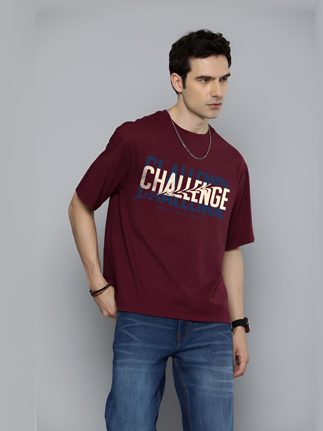 

R.Code by The Roadster Life Co. Printed Oversize T shirt, Burgundy
