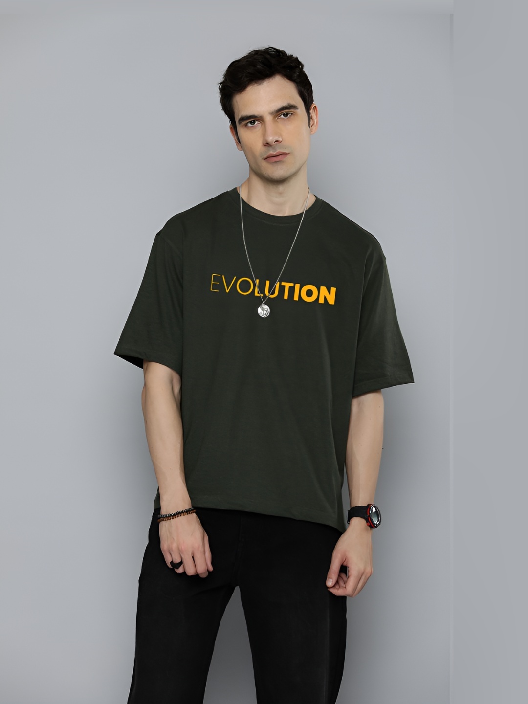 

R.Code by The Roadster Life Co. Men Typography Applique T-shirt, Olive